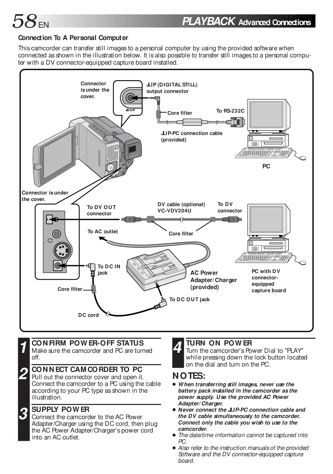 JVC LYT0216-001B specifications Connection To a Personal Computer, Supply Power 