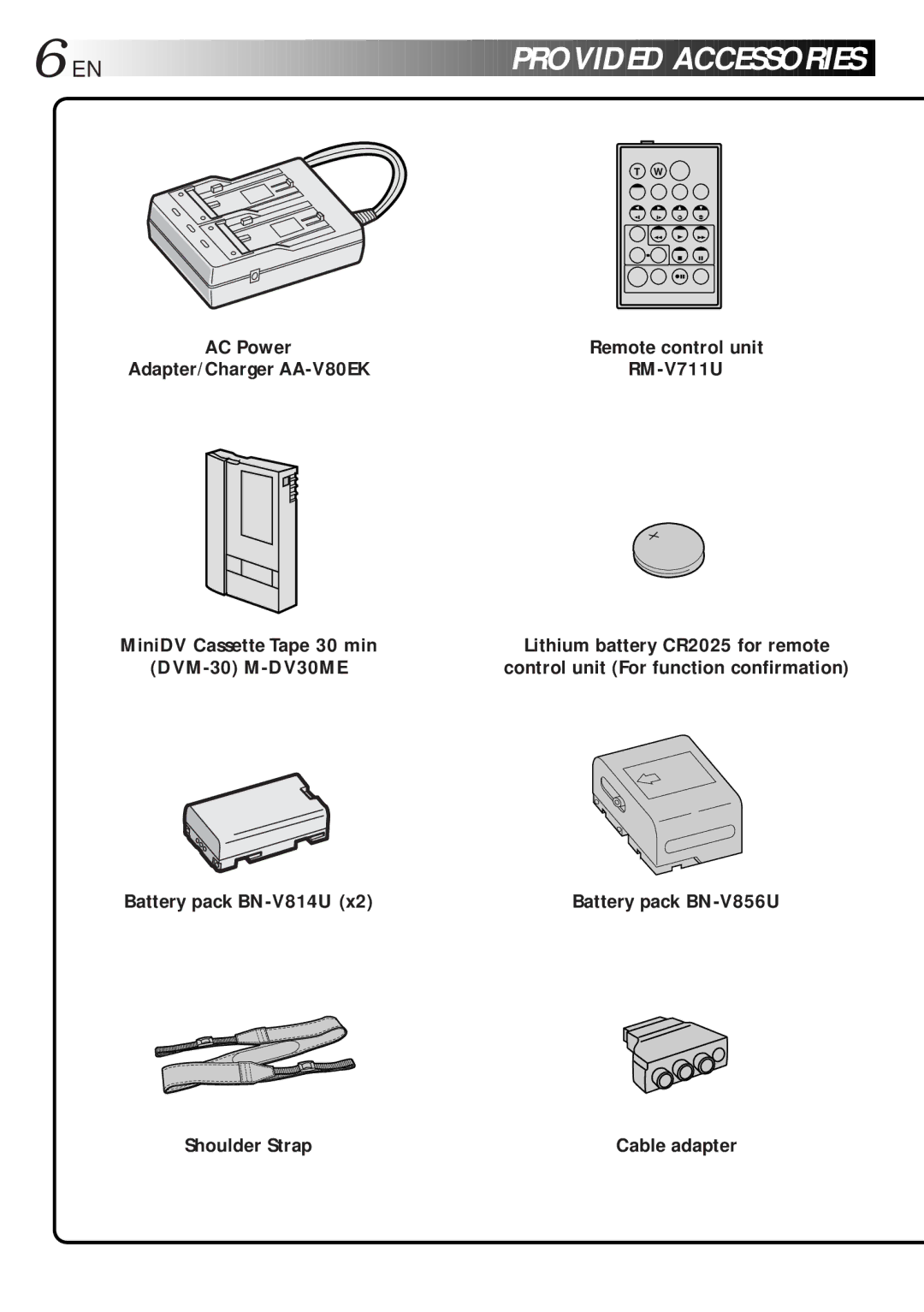 JVC LYT0216-001B specifications RM-V711U, DVM-30 M-DV30ME, Battery pack BN-V814U, Shoulder Strap, Battery pack BN-V856U 