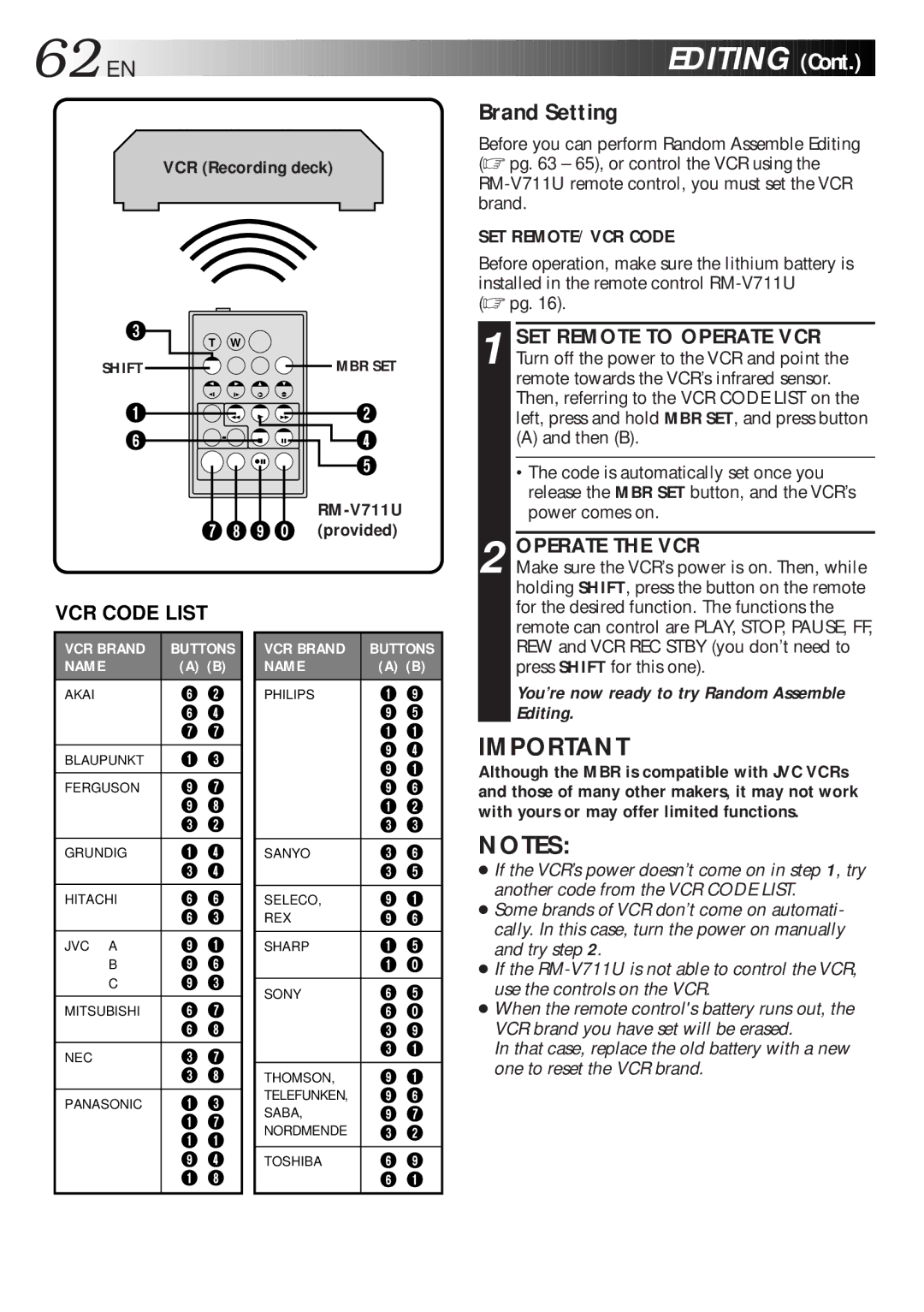 JVC LYT0216-001B specifications 62 EN, Brand Setting, Operate the VCR VCR Code List, RM-V711U 7 8 9 ` provided 