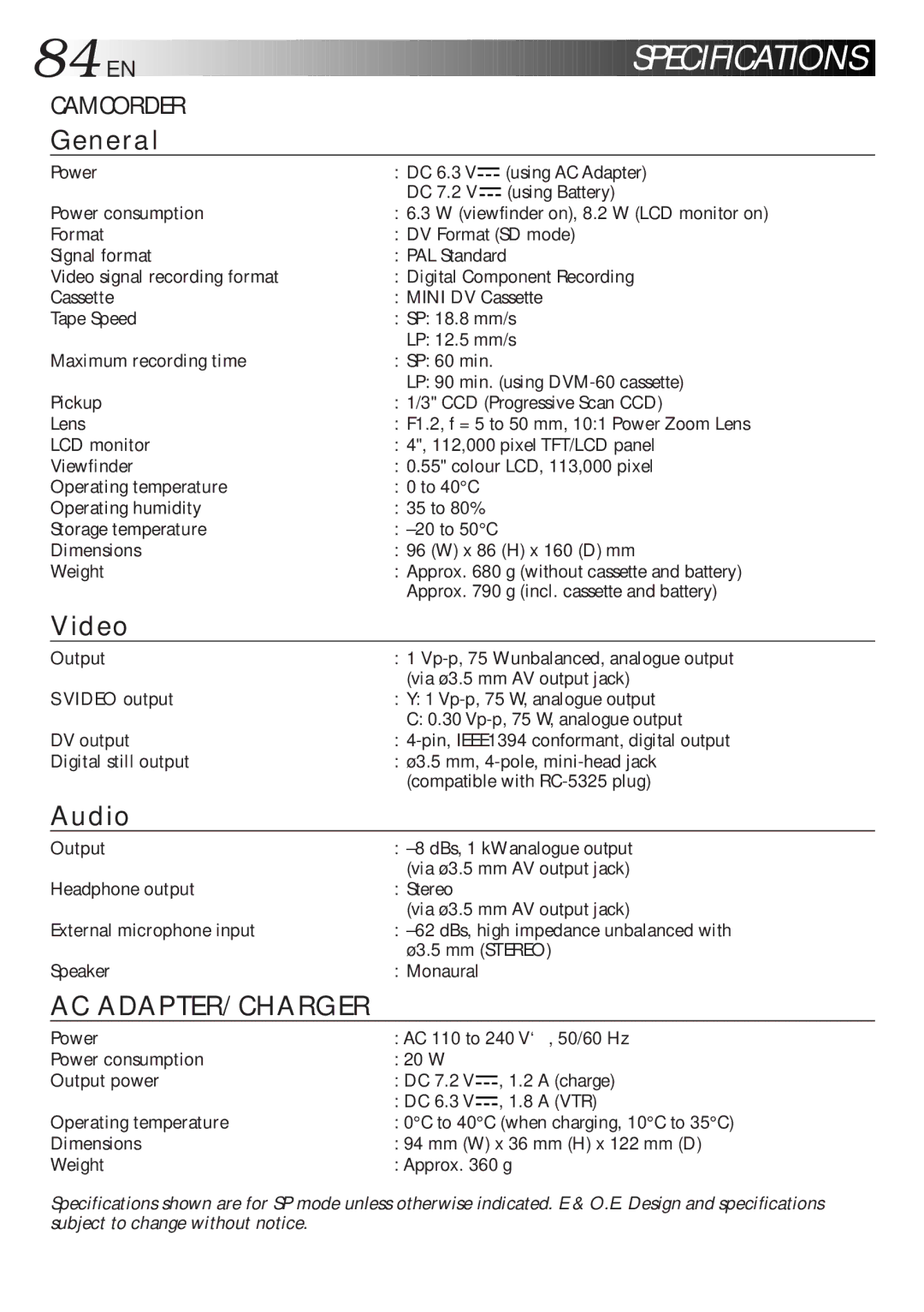 JVC LYT0216-001B Power consumption, Format, Signal format, Video signal recording format, Cassette, Tape Speed, Pickup 