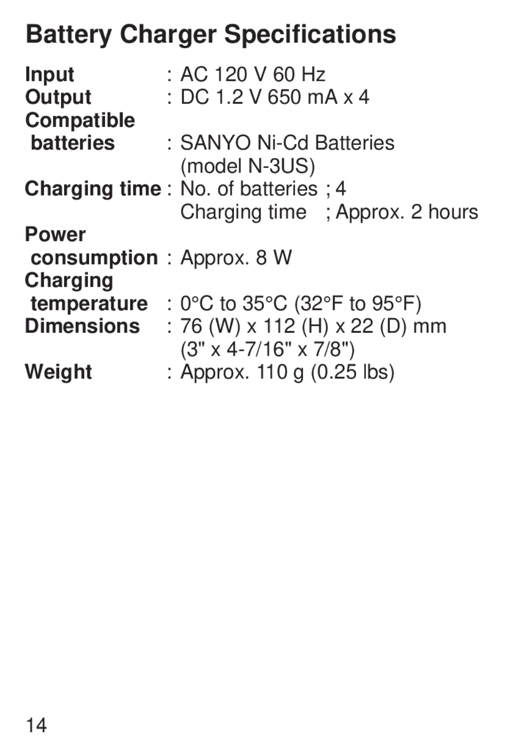 JVC LYT0221-001A, BH-VC20U manual Battery Charger Specifications, Charging 