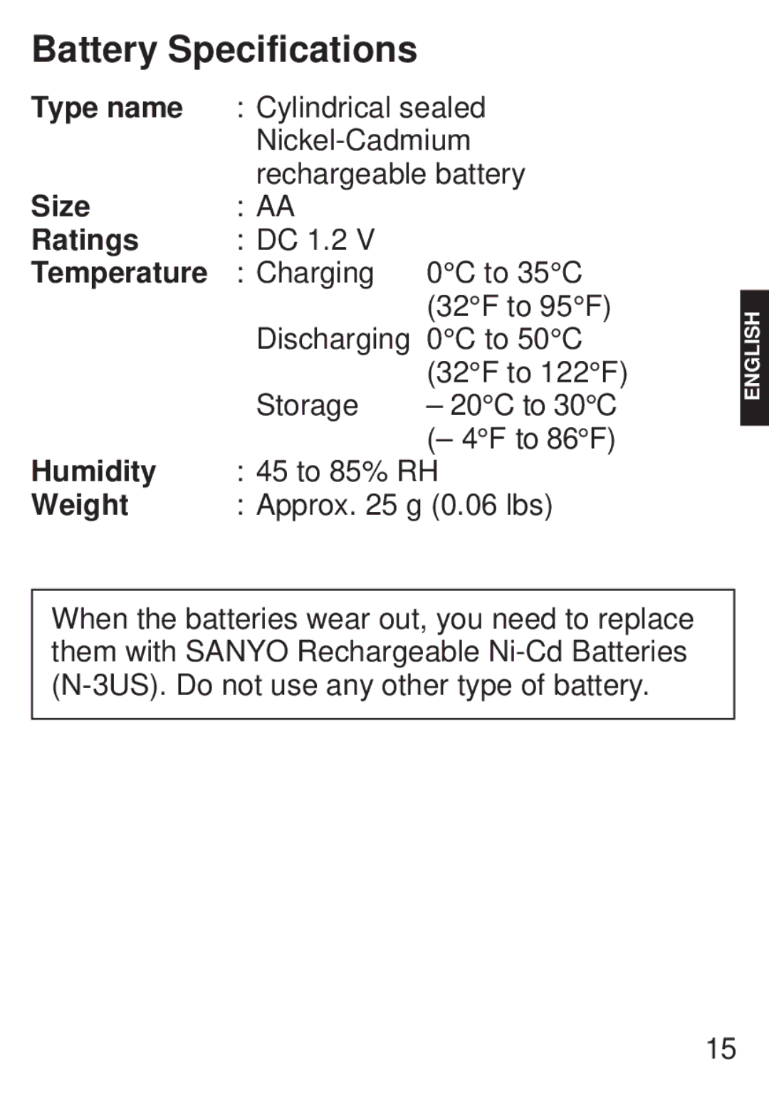 JVC BH-VC20U, LYT0221-001A manual Battery Specifications, Weight 