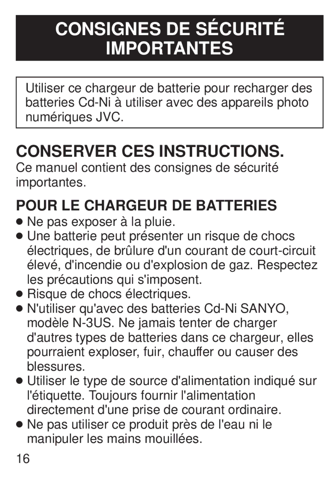 JVC LYT0221-001A, BH-VC20U manual Consignes DE Sécurité Importantes, Pour LE Chargeur DE Batteries 