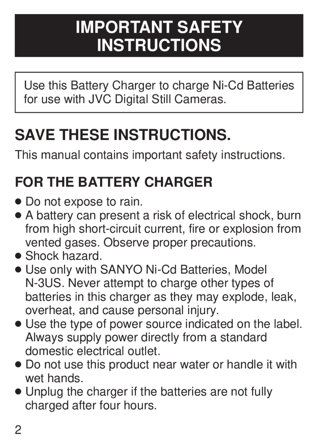 JVC LYT0221-001A, BH-VC20U manual Important Safety Instructions, For the Battery Charger 