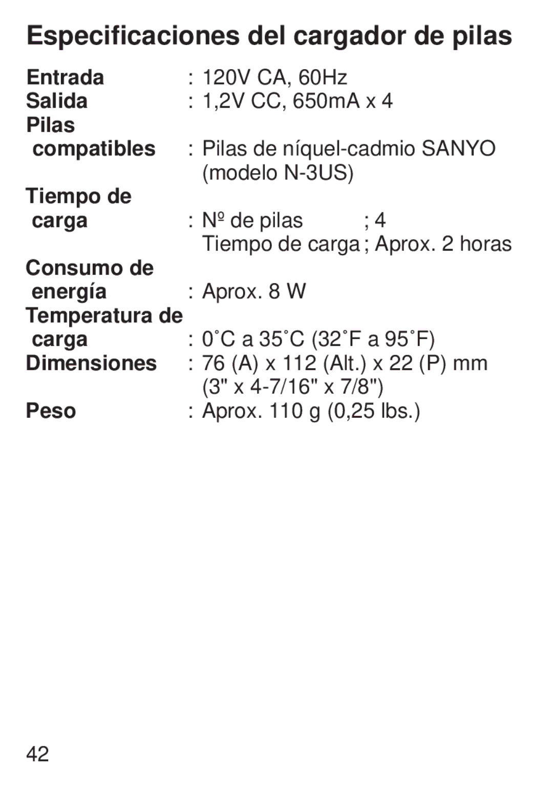 JVC LYT0221-001A, BH-VC20U manual Especificaciones del cargador de pilas 