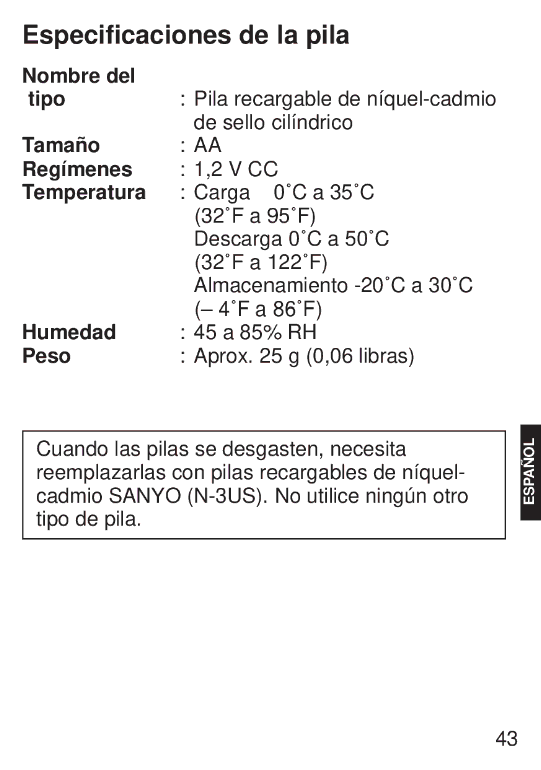 JVC BH-VC20U, LYT0221-001A manual Especificaciones de la pila 