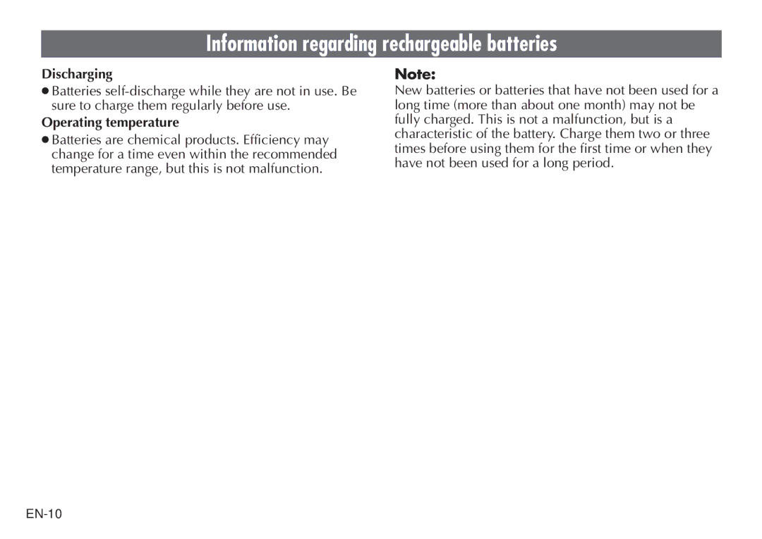 JVC LYT0232-001C manual Information regarding rechargeable batteries, Discharging, Operating temperature 