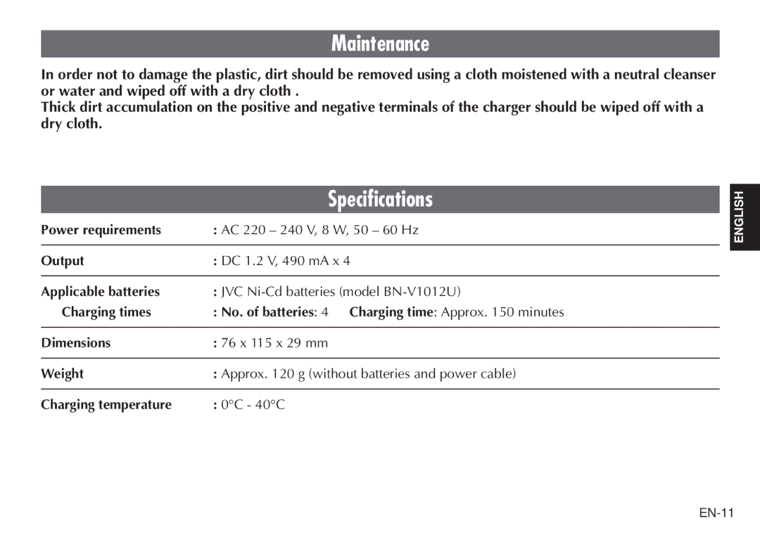 JVC LYT0232-001C manual Maintenance, Specifications 