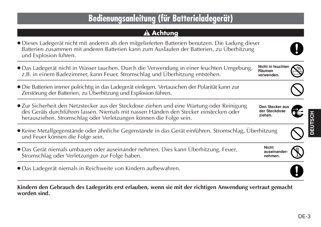 JVC LYT0232-001C manual Bedienungsanleitung für Batterieladegerät, Achtung, Stromschlag oder Verletzungen zur Folge haben 