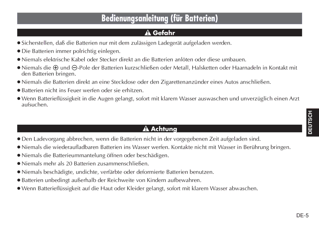 JVC LYT0232-001C manual Bedienungsanleitung für Batterien, Gefahr 