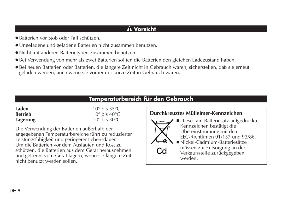 JVC LYT0232-001C manual Vorsicht, Temperaturbereich für den Gebrauch, Durchkreuztes Mülleimer-Kennzeichen 