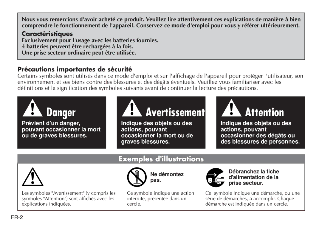 JVC LYT0232-001C Caractéristiques, Précautions importantes de sécurité, Une prise secteur ordinaire peut être utilisée 