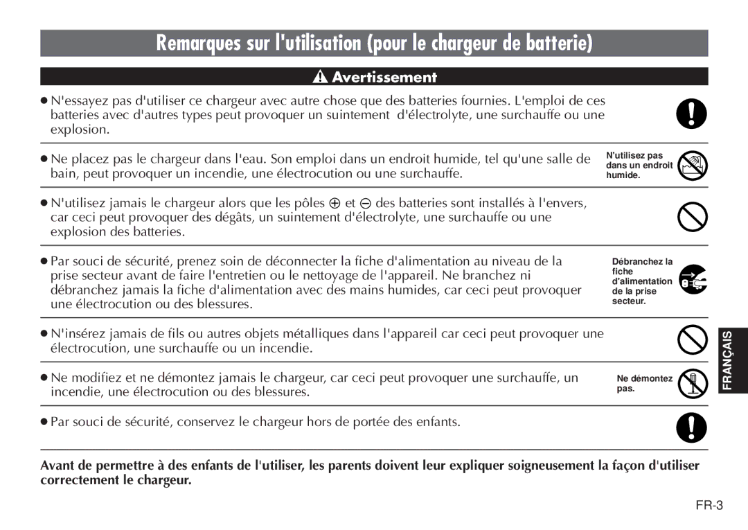 JVC LYT0232-001C manual Remarques sur lutilisation pour le chargeur de batterie, Avertissement 