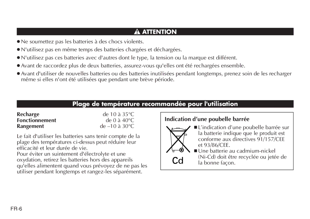 JVC LYT0232-001C Plage de température recommandée pour lutilisation, Indication d’une poubelle barrée, Recharge, Rangement 