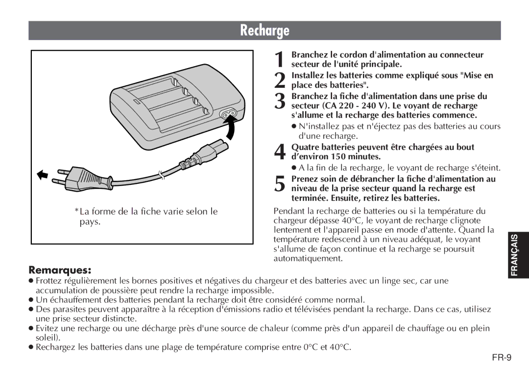 JVC LYT0232-001C manual Recharge, Remarques 