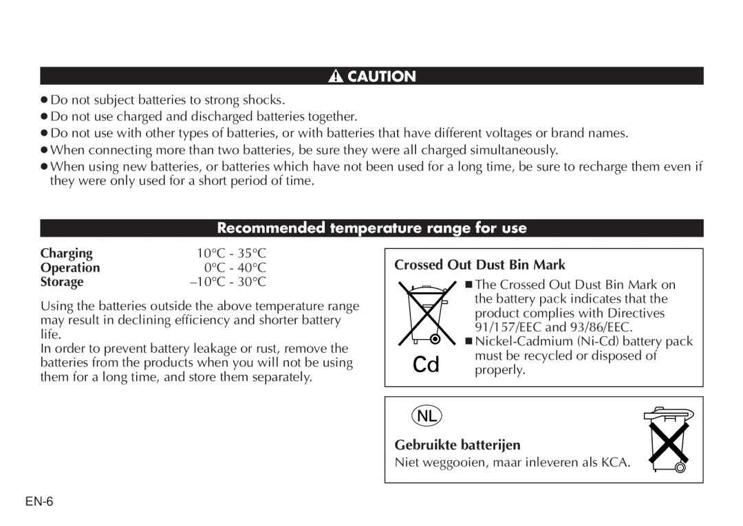 JVC LYT0232-001C Recommended temperature range for use, Crossed Out Dust Bin Mark, Gebruikte batterijen, Operation0C 40C 