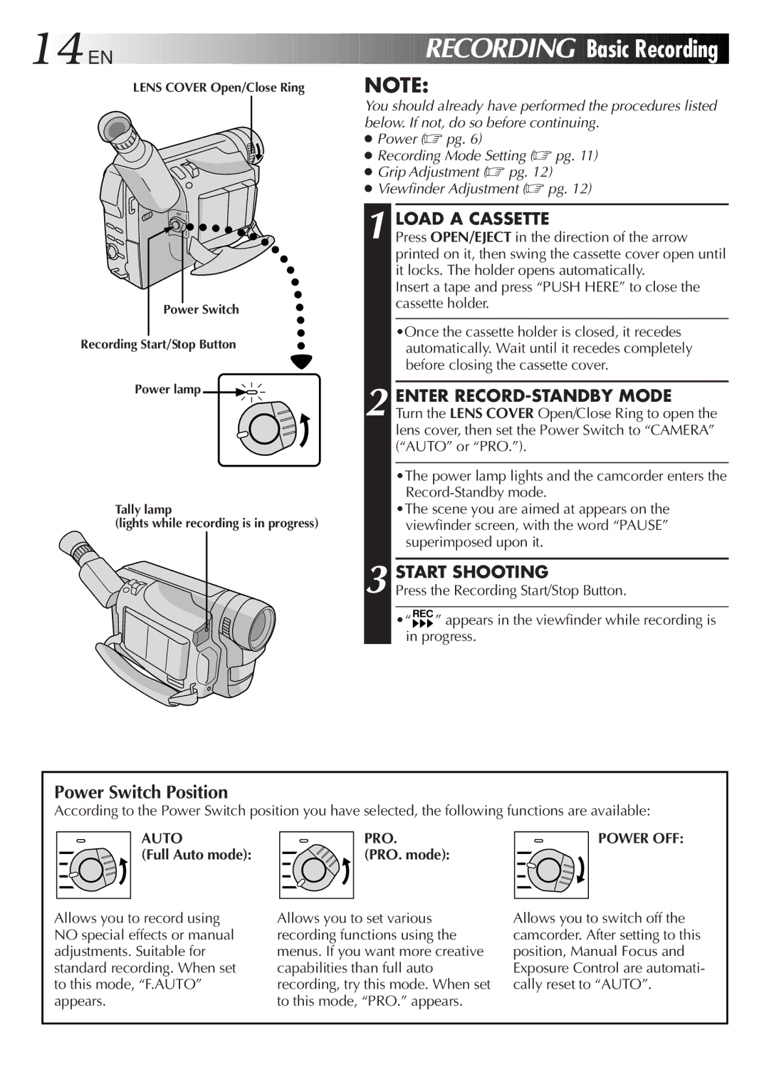 JVC LYT0242-001A manual Power Switch Position, Load a Cassette, Start Shooting, Full Auto mode, PRO. mode 