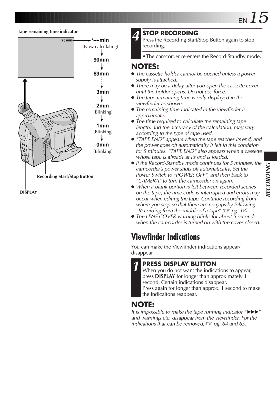 JVC LYT0242-001A manual Viewfinder Indications, Stop Recording, Press Display Button 