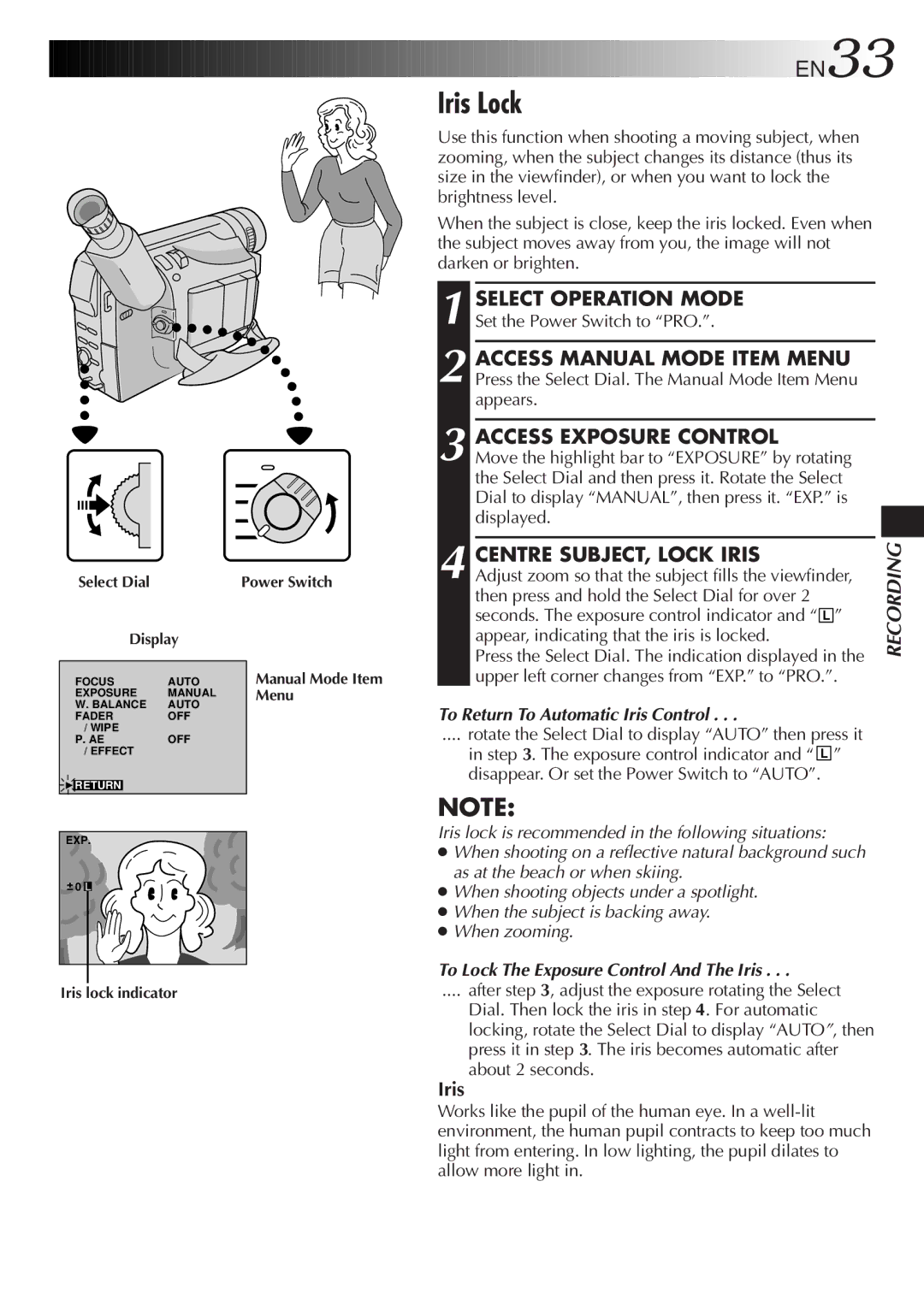 JVC LYT0242-001A manual Iris Lock, Centre SUBJECT, Lock Iris, To Return To Automatic Iris Control 