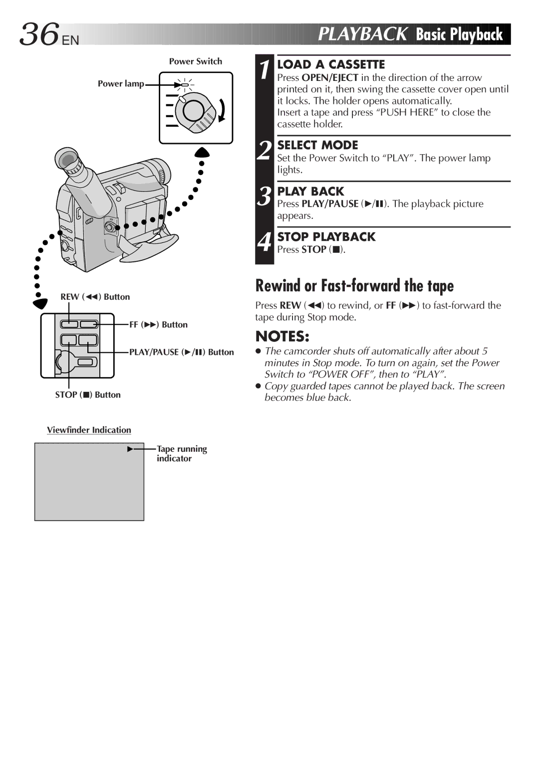 JVC LYT0242-001A manual Playback Basic Playback, Rewind or Fast-forward the tape, Play Back, Stop Playback 