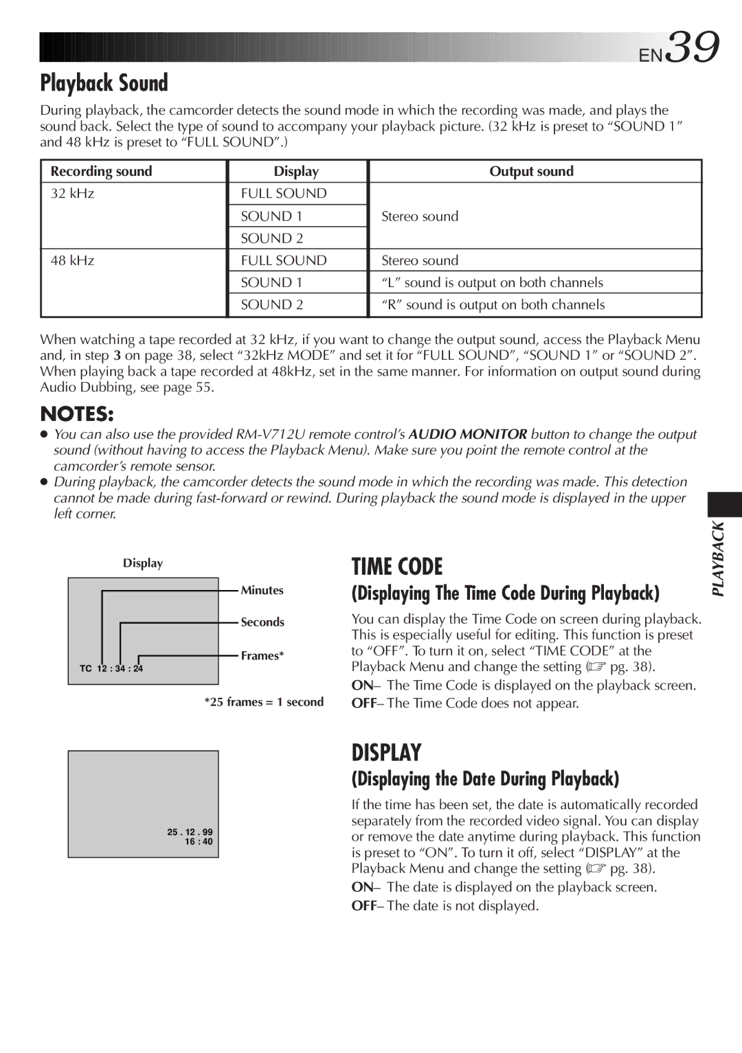 JVC LYT0242-001A manual Playback Sound, Displaying The Time Code During Playback, Recording sound Display Output sound 