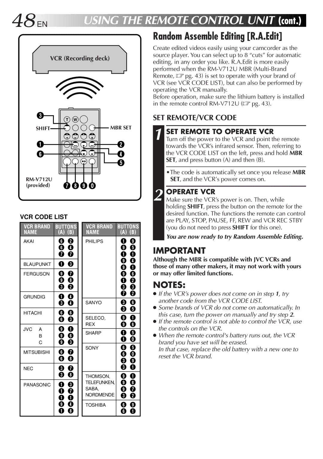 JVC LYT0242-001A manual Random Assemble Editing R.A.Edit, SET REMOTE/VCR Code, SET Remote to Operate VCR 