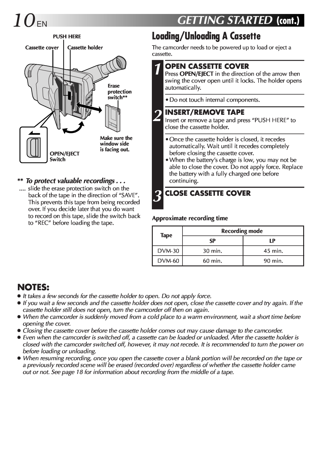 JVC LYT0242-001A manual 10ENGETTINGSTARTED, cont, Loading/Unloading A Cassette, To protect valuable recordings 