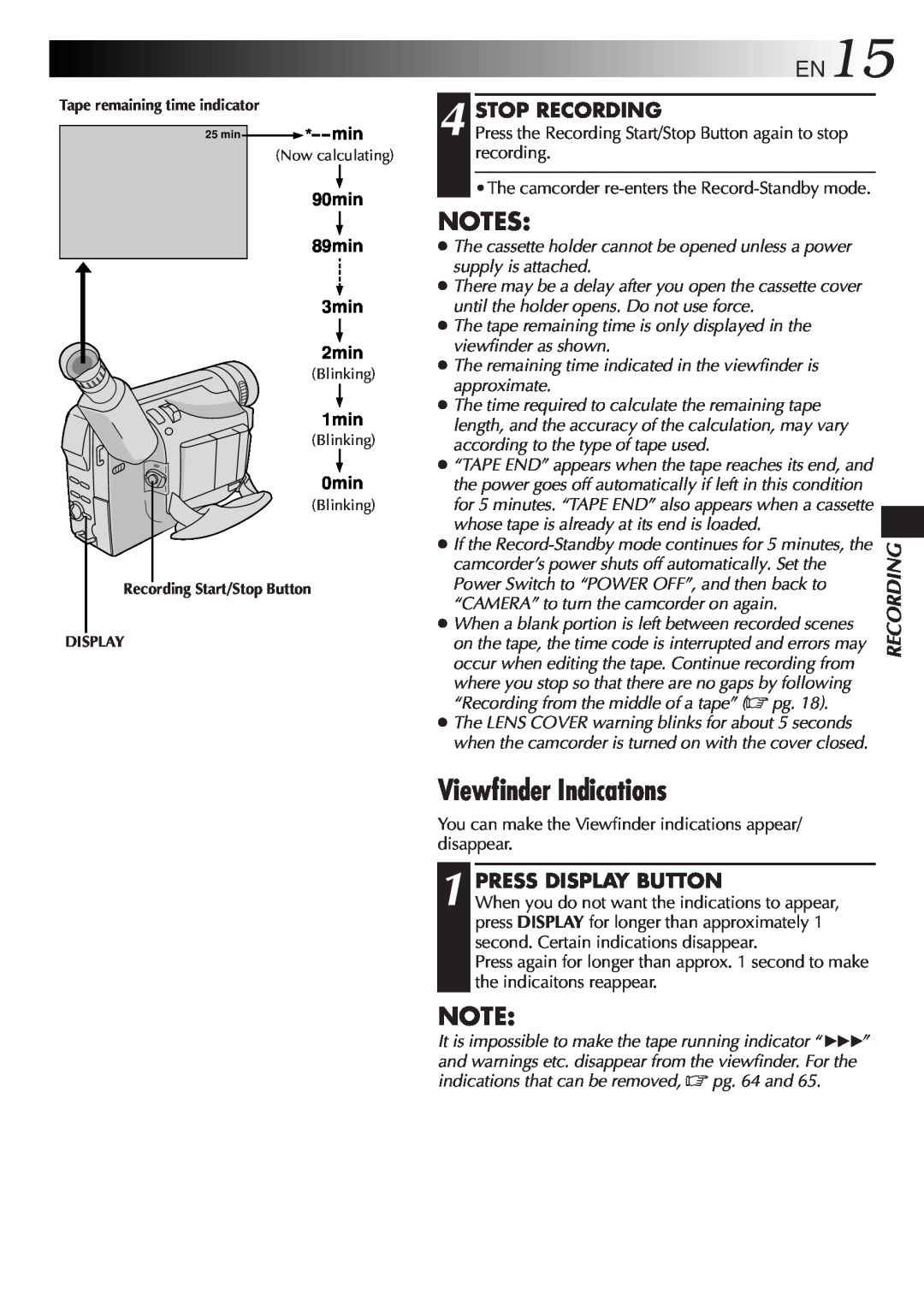 JVC LYT0242-001A manual Viewfinder Indications, EN15, Stop Recording, Press Display Button 