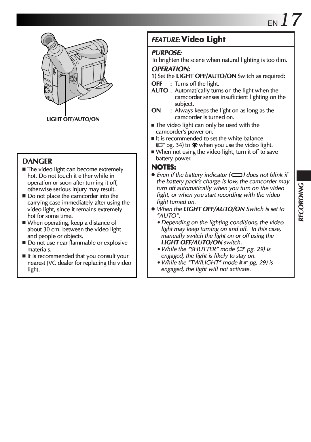 JVC LYT0242-001A manual Danger, EN17, FEATURE Video Light, Purpose, Operation 