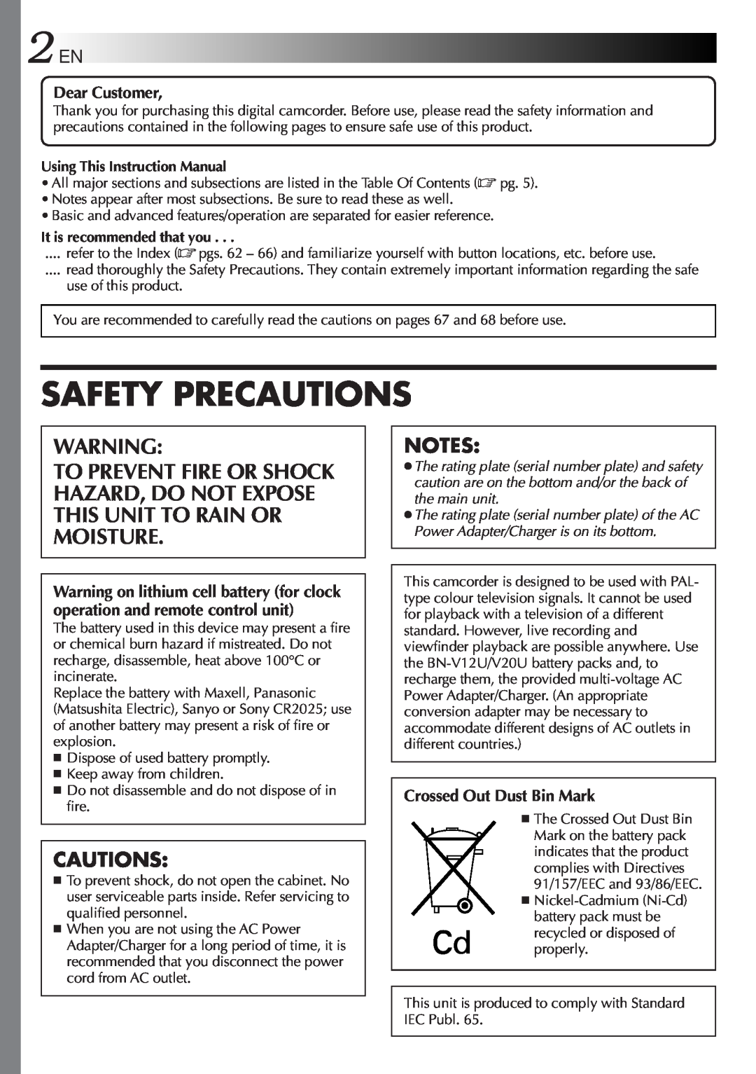 JVC LYT0242-001A manual Cautions, Safety Precautions, Dear Customer, Crossed Out Dust Bin Mark 