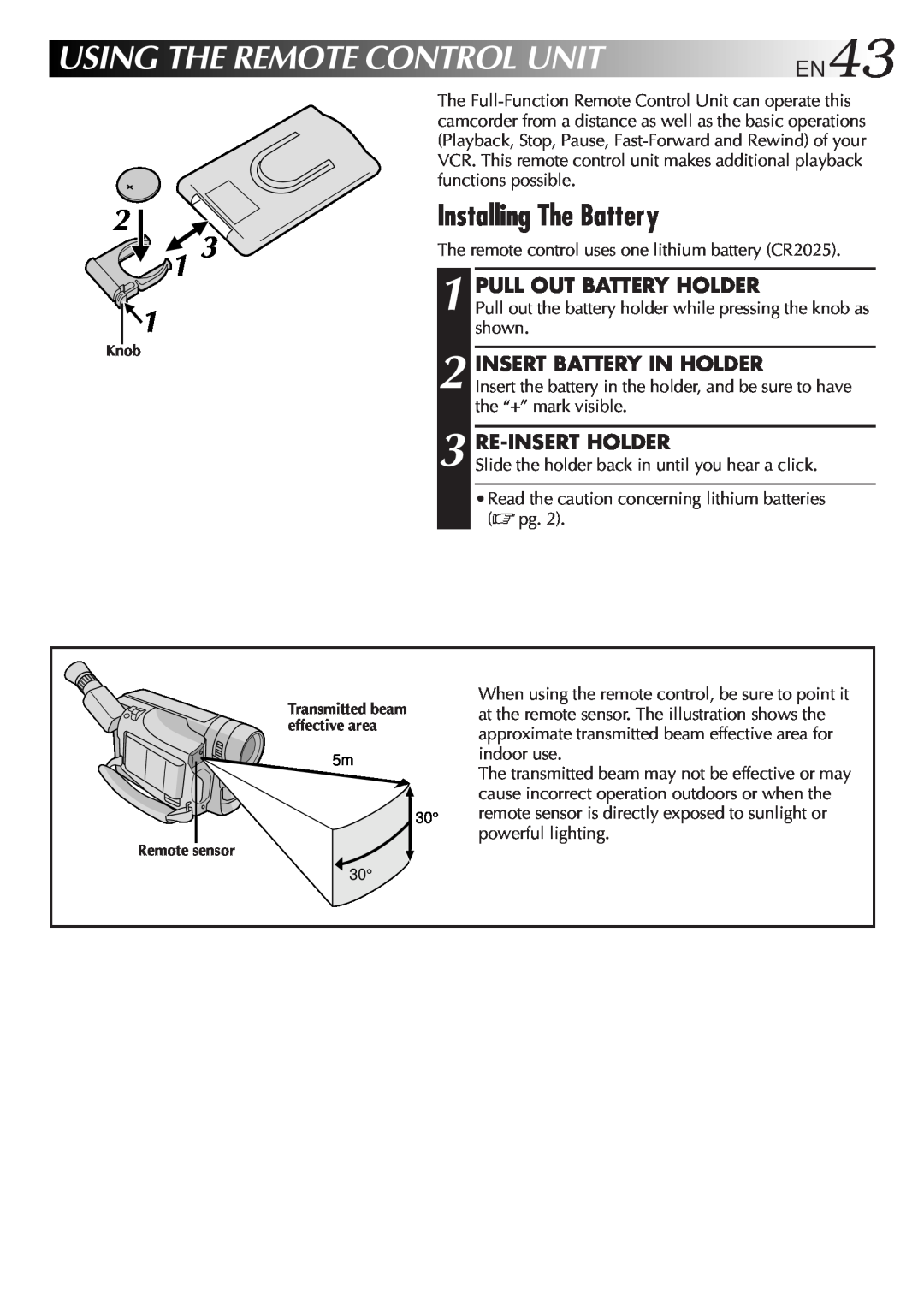 JVC LYT0242-001A USINGTHEREMOTECONTROLUNITEN43, Installing The Battery, Pull Out Battery Holder, Insert Battery In Holder 