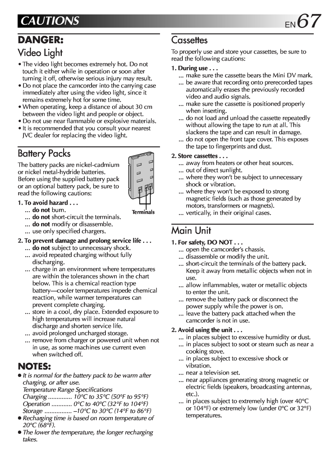 JVC LYT0242-001A manual Cautions, Danger, Video Light, Battery Packs, Cassettes, Main Unit, EN67 