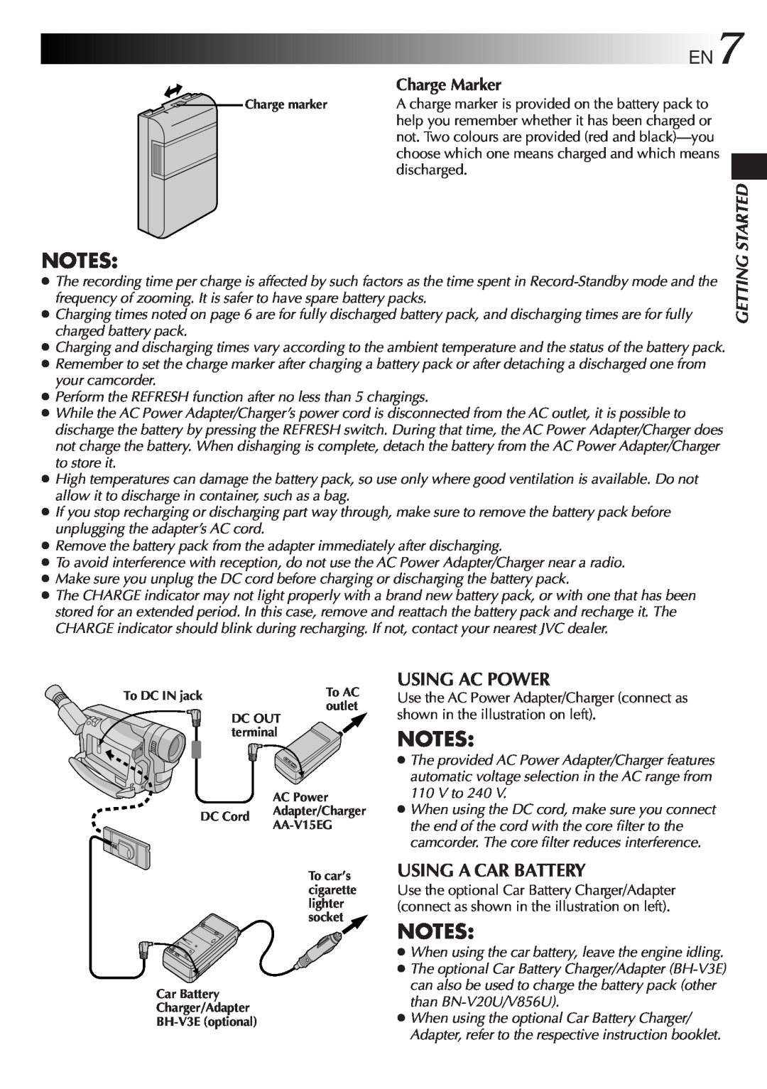JVC LYT0242-001A manual Using Ac Power, Using A Car Battery, Charge Marker 