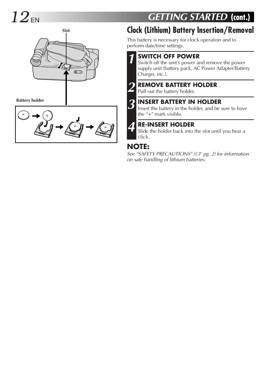 JVC LYT0261-001B manual Getting Started, Clock Lithium Battery Insertion/Removal 