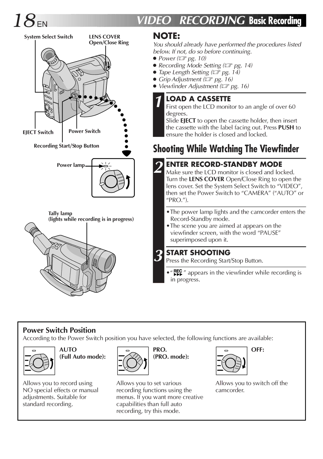 JVC LYT0261-001B manual Basic Recording, Power Switch Position, Load a Cassette, Start Shooting 