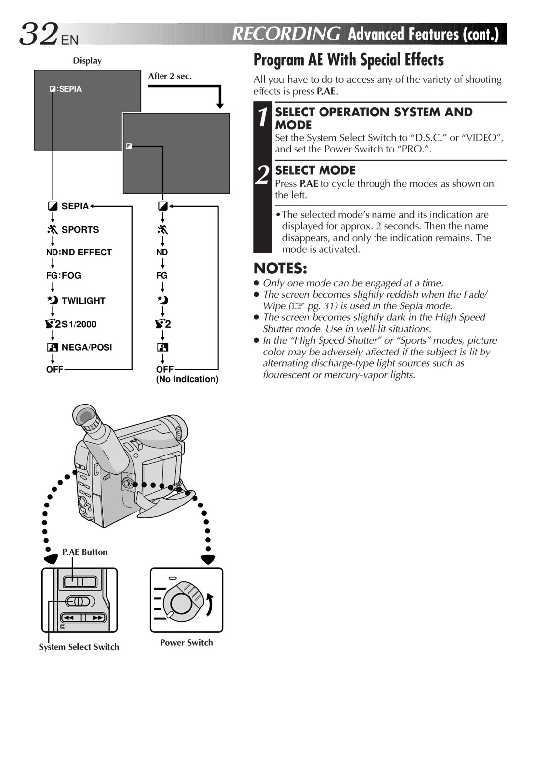 JVC LYT0261-001B manual Advanced Features, Program AE With Special Effects, Select Mode 