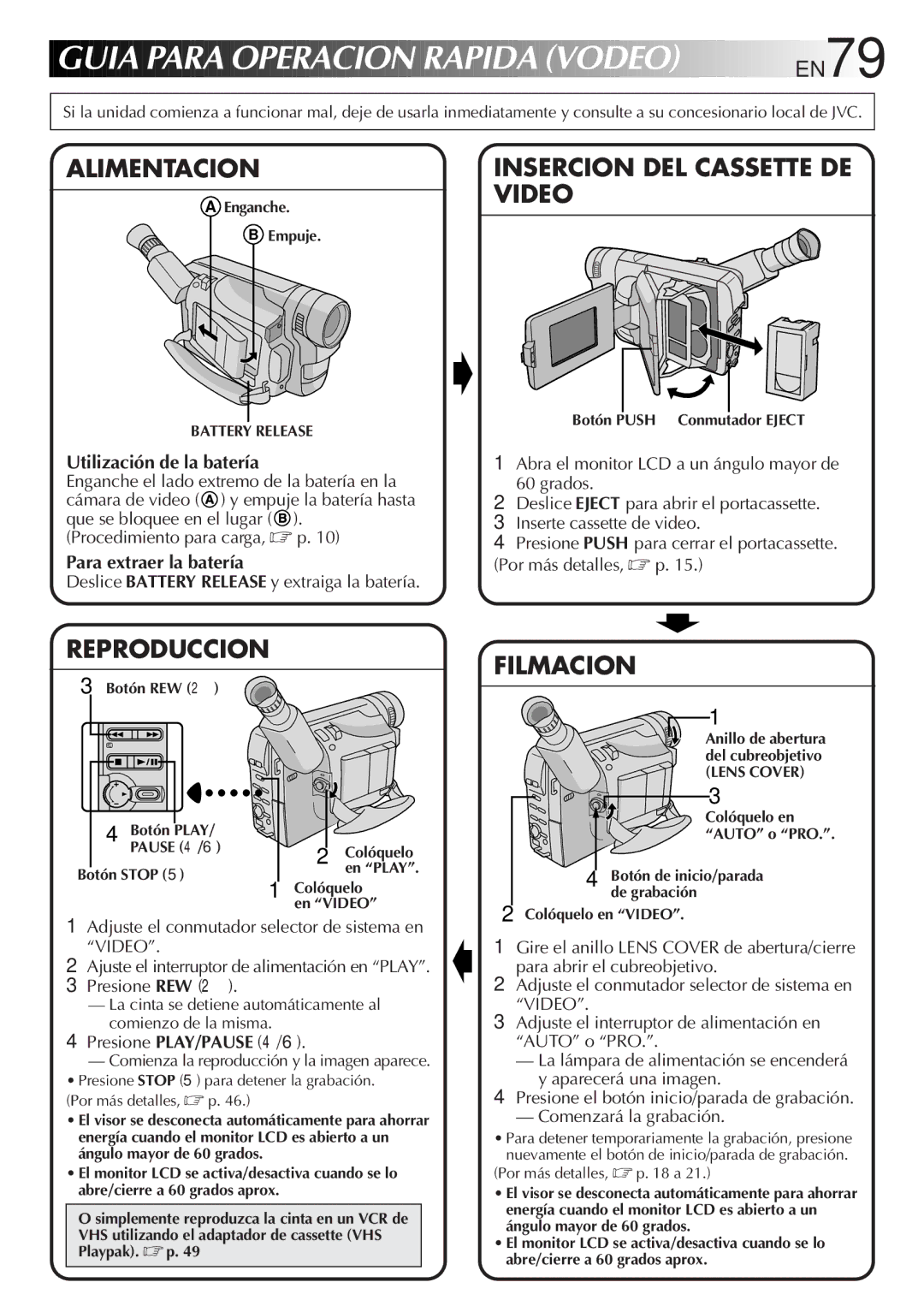 JVC LYT0261-001B manual Guia Para Operacion Rapida Vodeo EN79, Utilización de la batería, Para extraer la batería 