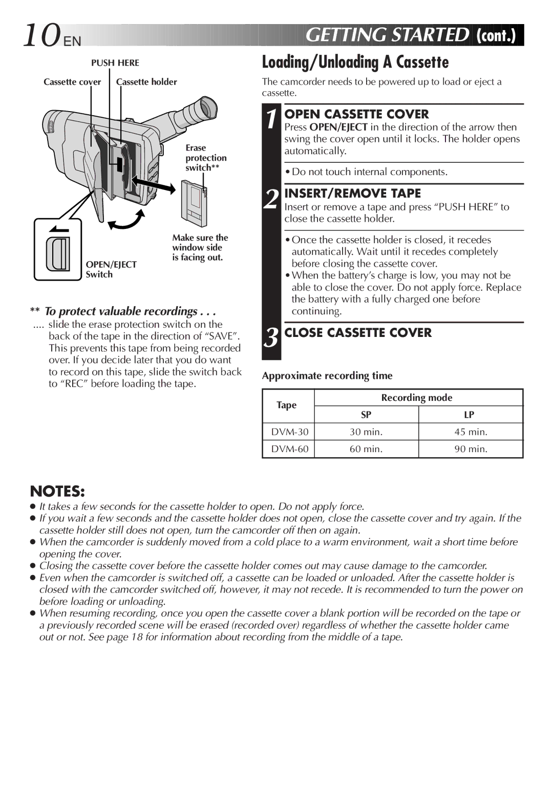 JVC LYT0275-001A manual Cont, Loading/Unloading a Cassette, Open Cassette Cover, INSERT/REMOVE Tape, Close Cassette Cover 