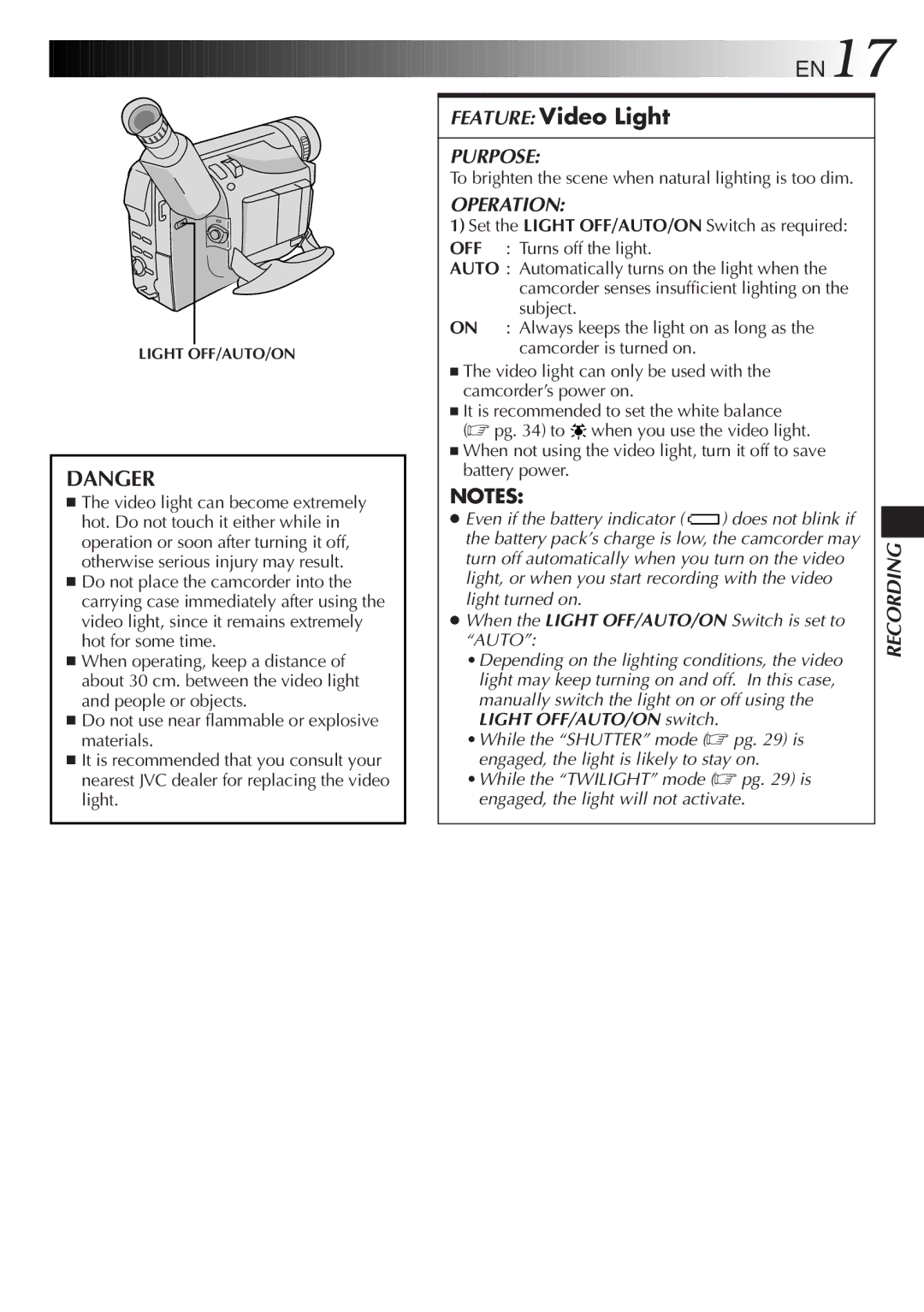 JVC LYT0275-001A manual Feature Video Light, To brighten the scene when natural lighting is too dim 