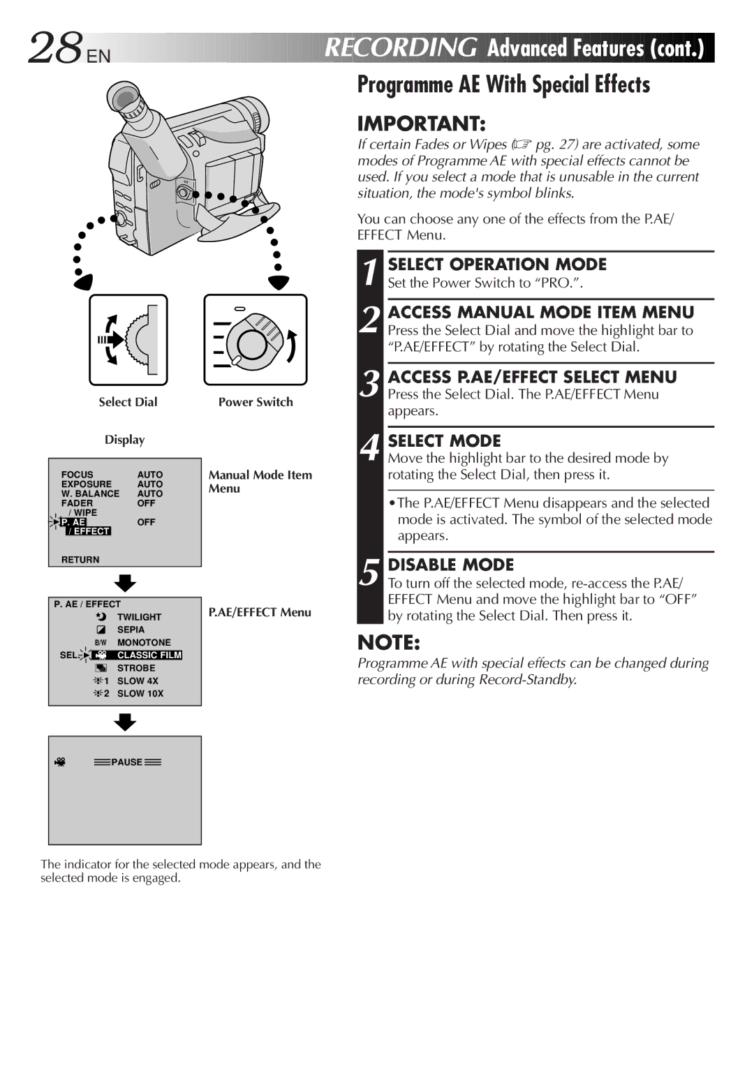 JVC LYT0275-001A manual Recording Advanced Features, Programme AE With Special Effects, Select Mode, Disable Mode 