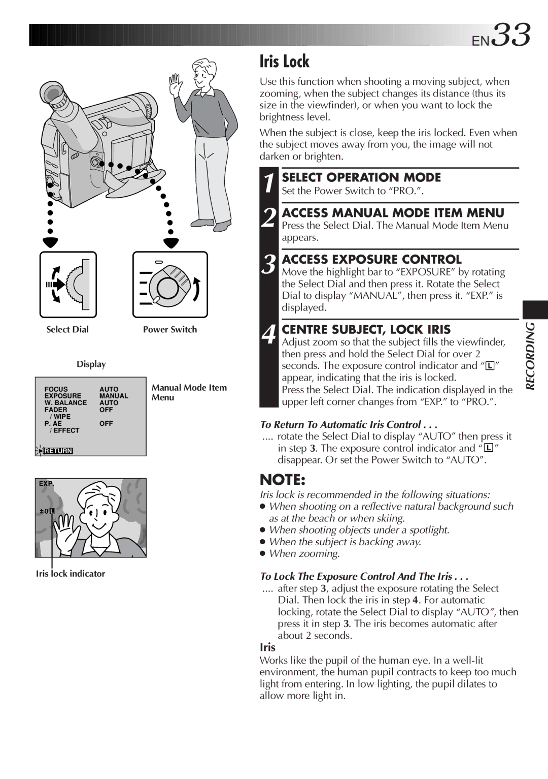 JVC LYT0275-001A manual Iris Lock, Centre SUBJECT, Lock Iris, To Return To Automatic Iris Control 