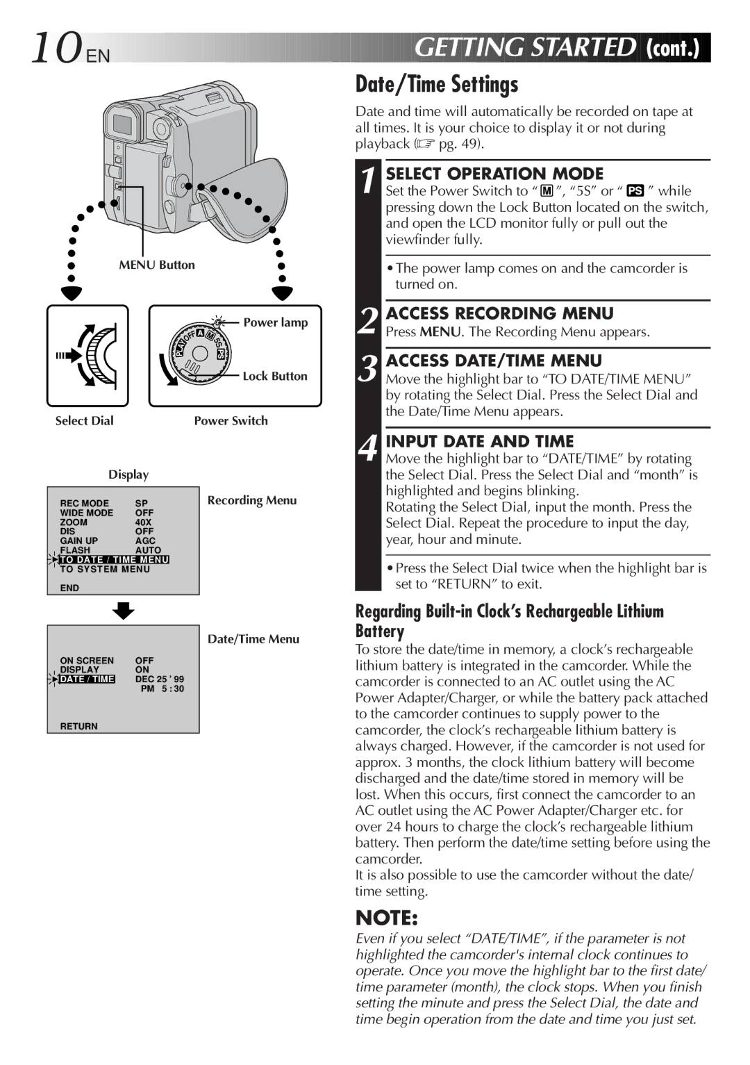 JVC LYT0291-001B manual Date/Time Settings, Cont, Battery 