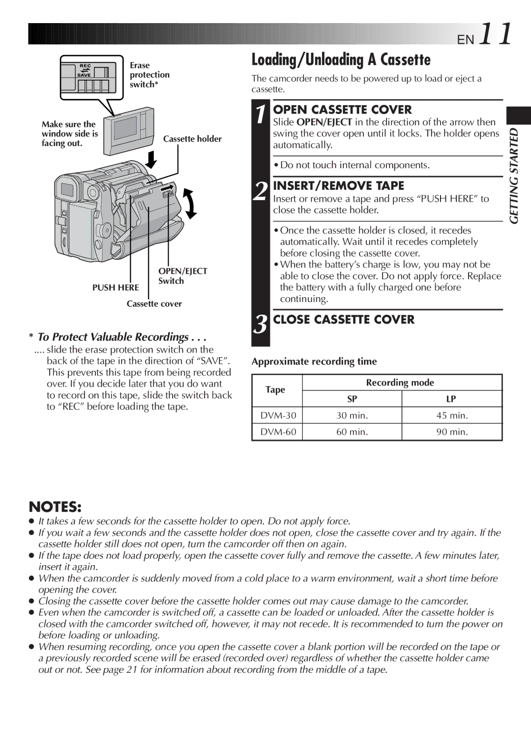 JVC LYT0291-001B manual Loading/Unloading a Cassette, Open Cassette Cover, INSERT/REMOVE Tape, Close Cassette Cover 