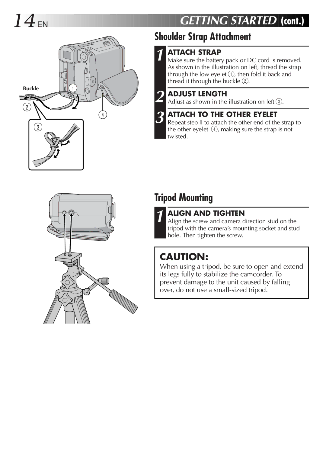 JVC LYT0291-001B manual Shoulder Strap Attachment, Tripod Mounting, Attach Strap, Adjust Length, Align and Tighten 