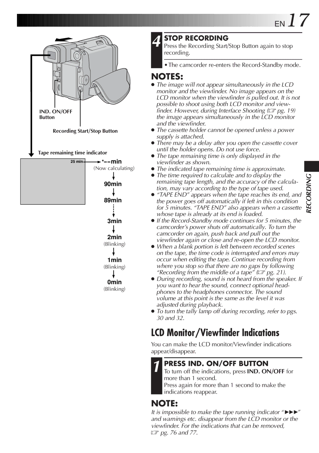 JVC LYT0291-001B manual Stop Recording, Press IND. ON/OFF Button 