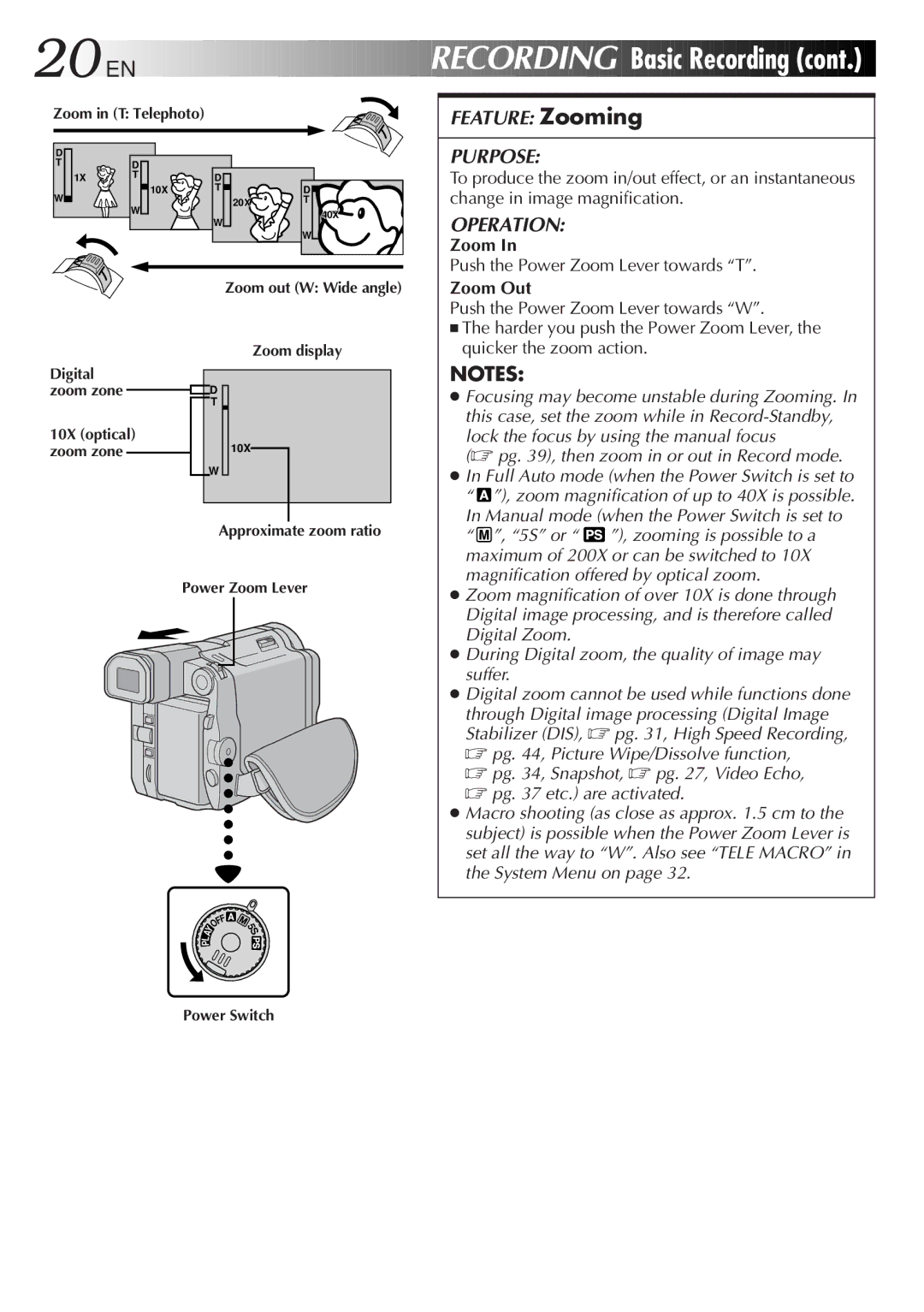 JVC LYT0291-001B Basic Recording, Push the Power Zoom Lever towards T, Zoom Out, Push the Power Zoom Lever towards W 