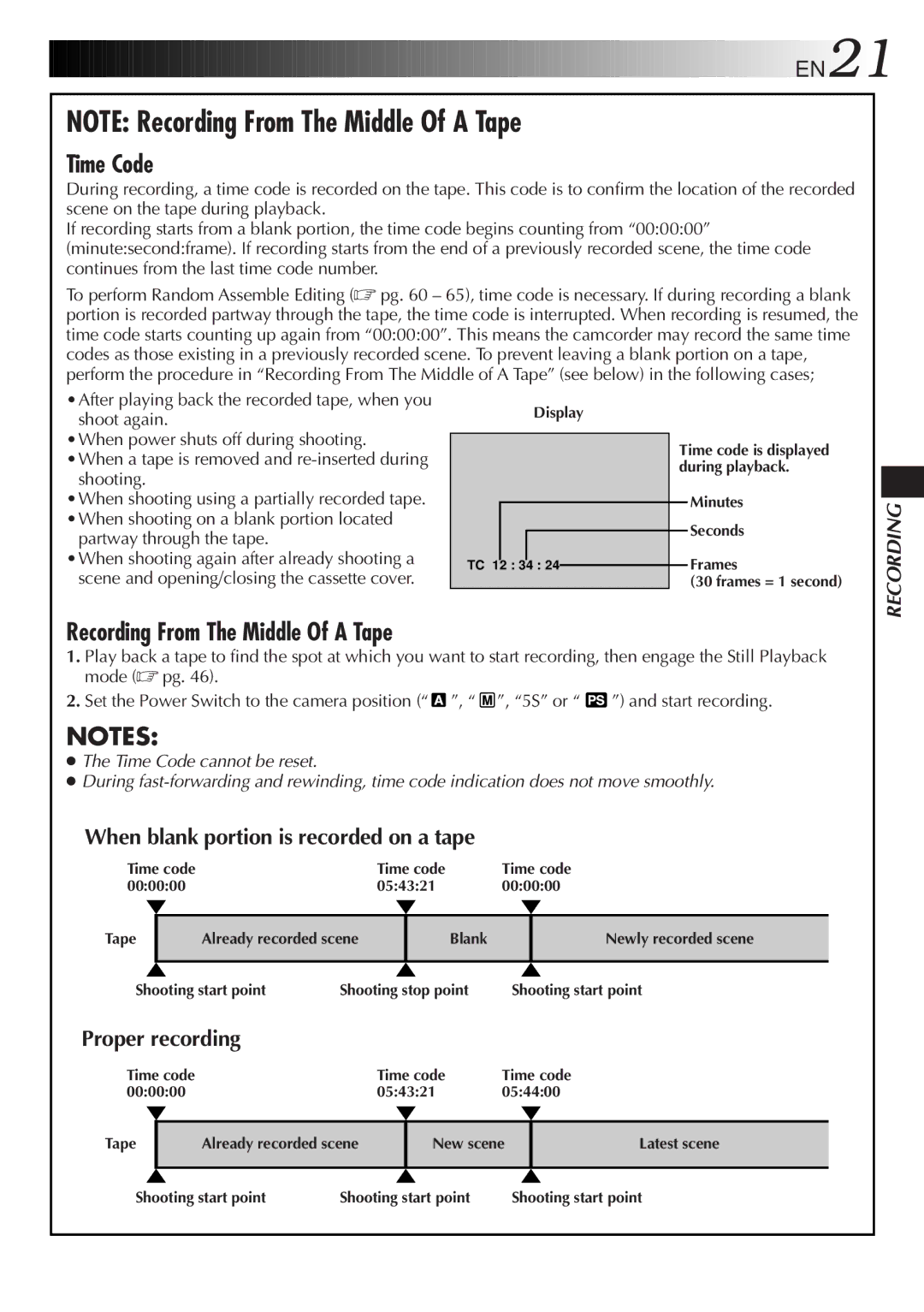 JVC LYT0291-001B manual When blank portion is recorded on a tape, Proper recording, Shooting, Partway through the tape 