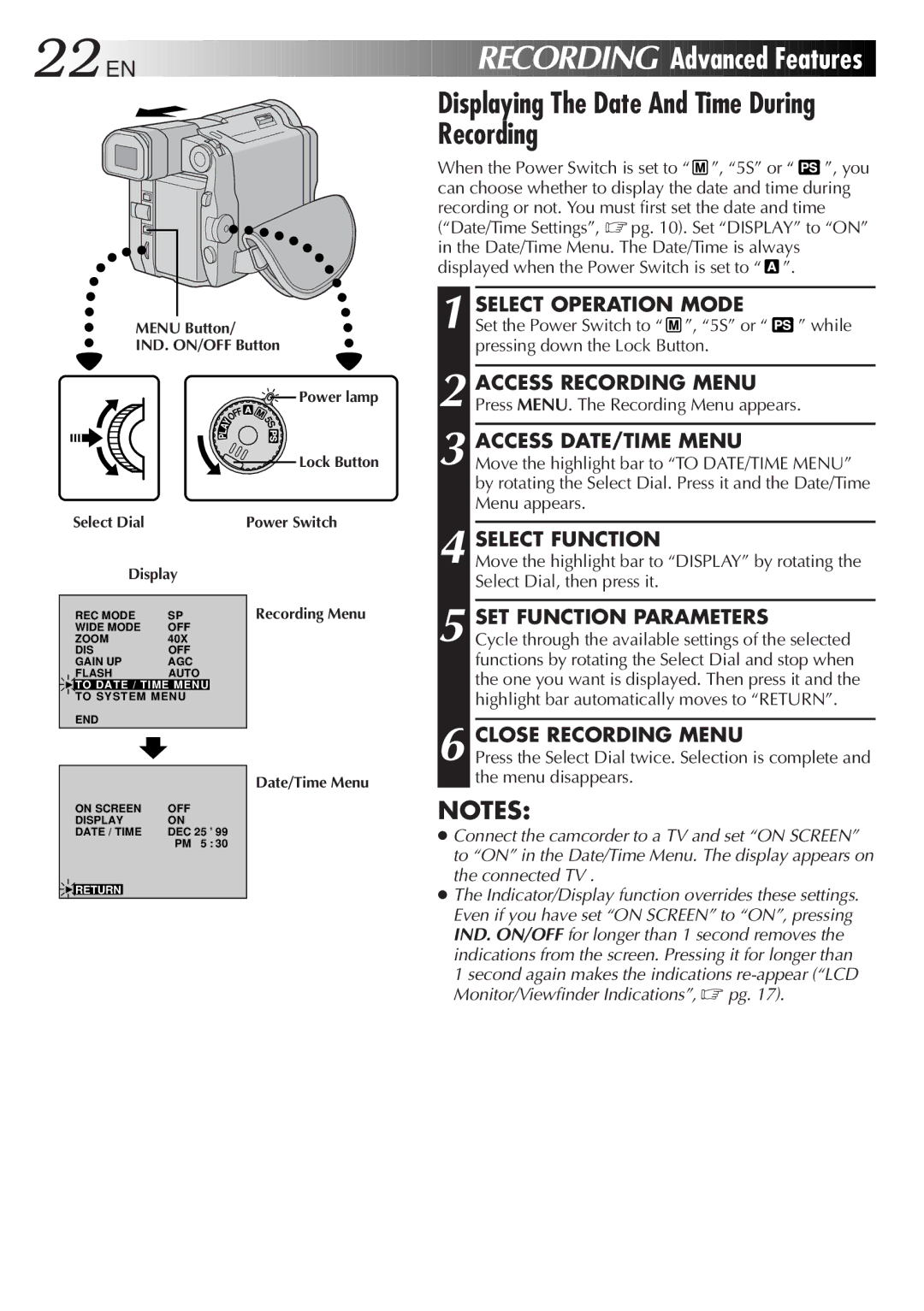 JVC LYT0291-001B manual EN Recording Advanced Features, Displaying The Date And Time During Recording, Select Function 