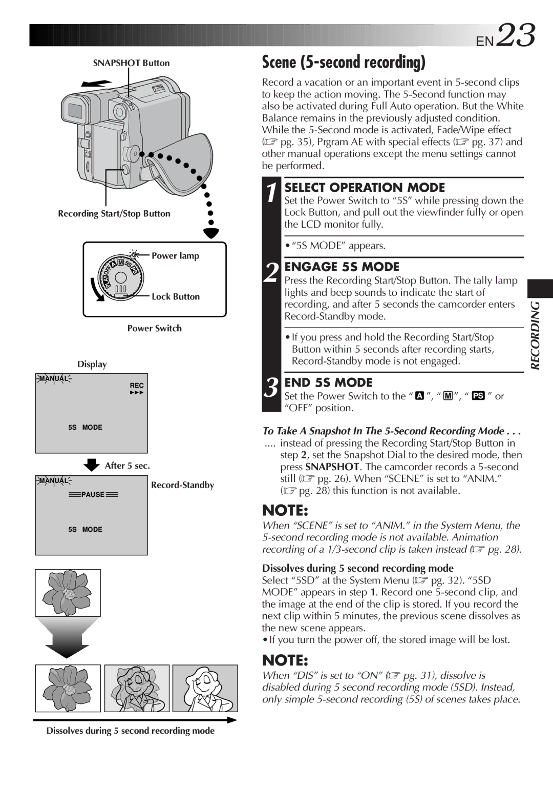 JVC LYT0291-001B manual Scene 5-second recording, Engage 5S Mode, END 5S Mode, Dissolves during 5 second recording mode 