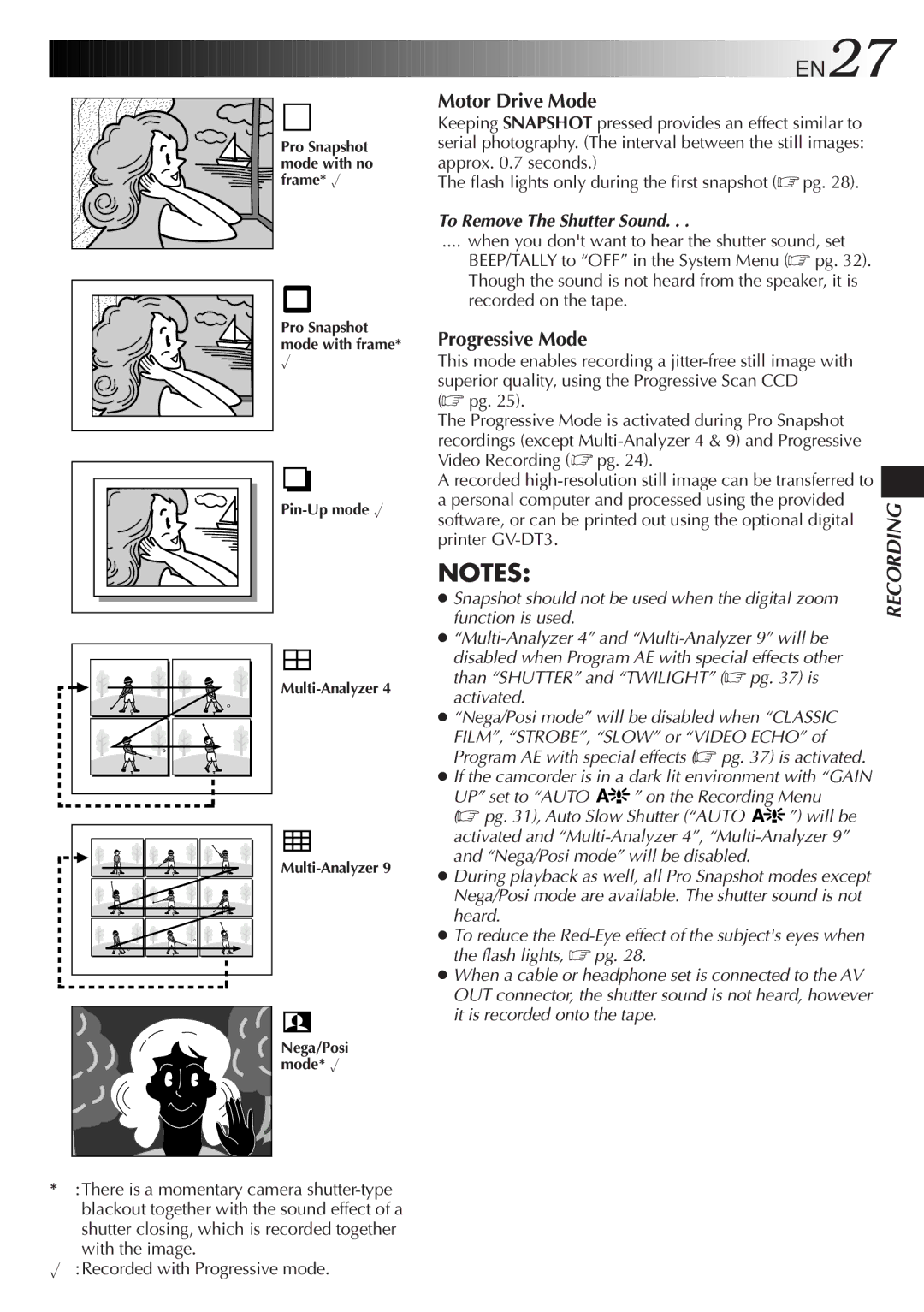 JVC LYT0291-001B manual Motor Drive Mode, Progressive Mode, To Remove The Shutter Sound 